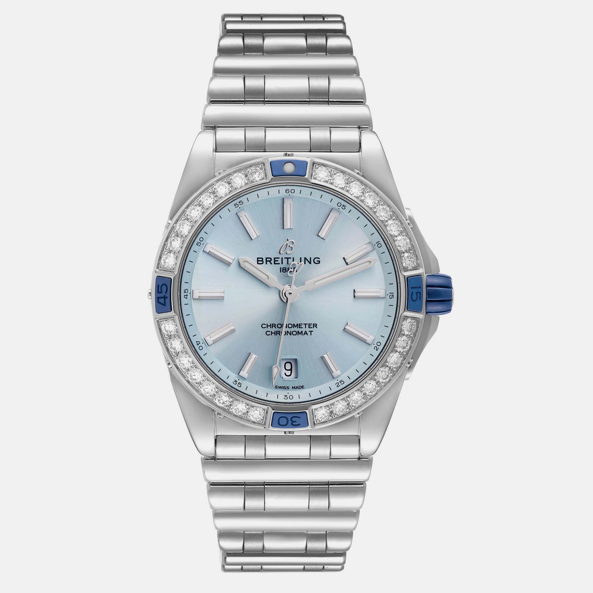 Breitling Blue Diamond Stainless Steel Chronomat A17356 Automatic Women's Wristwatch 38 Mm