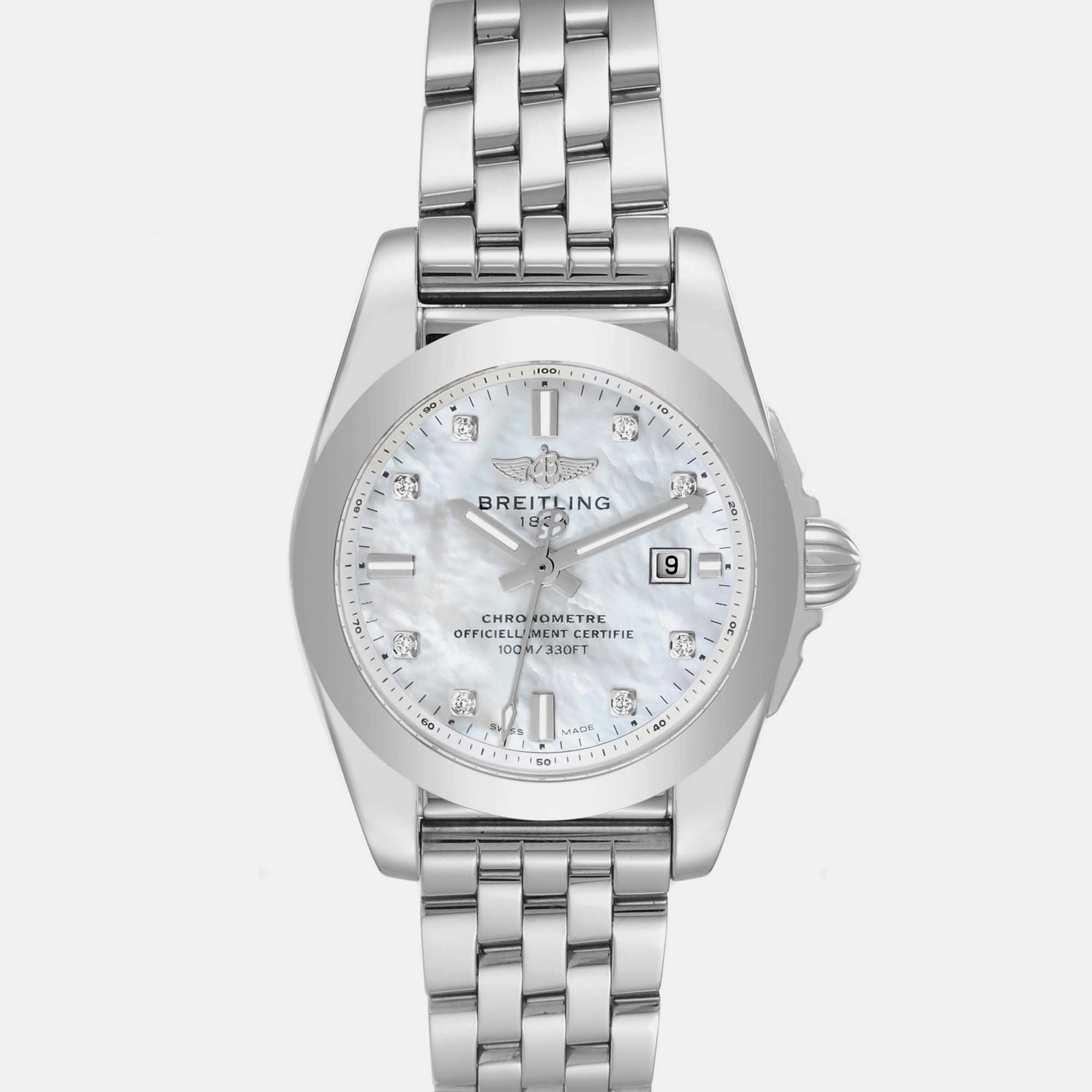 Breitling Mother Of Pearl Diamond Stainless Steel Galactic W72348 Quartz Women's Wristwatch 29 Mm