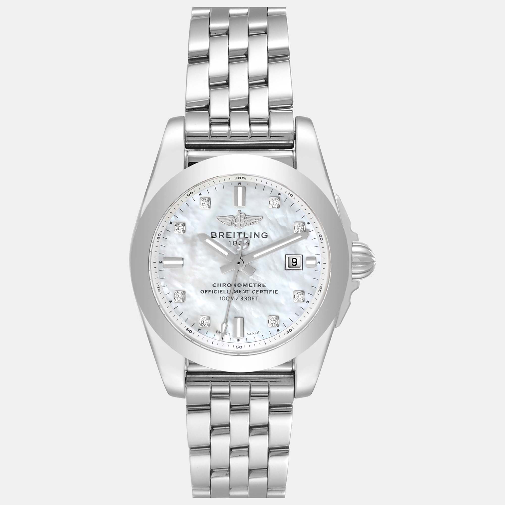 Breitling mother of pearl diamond stainless steel galactic w72348 quartz women's wristwatch 29 mm