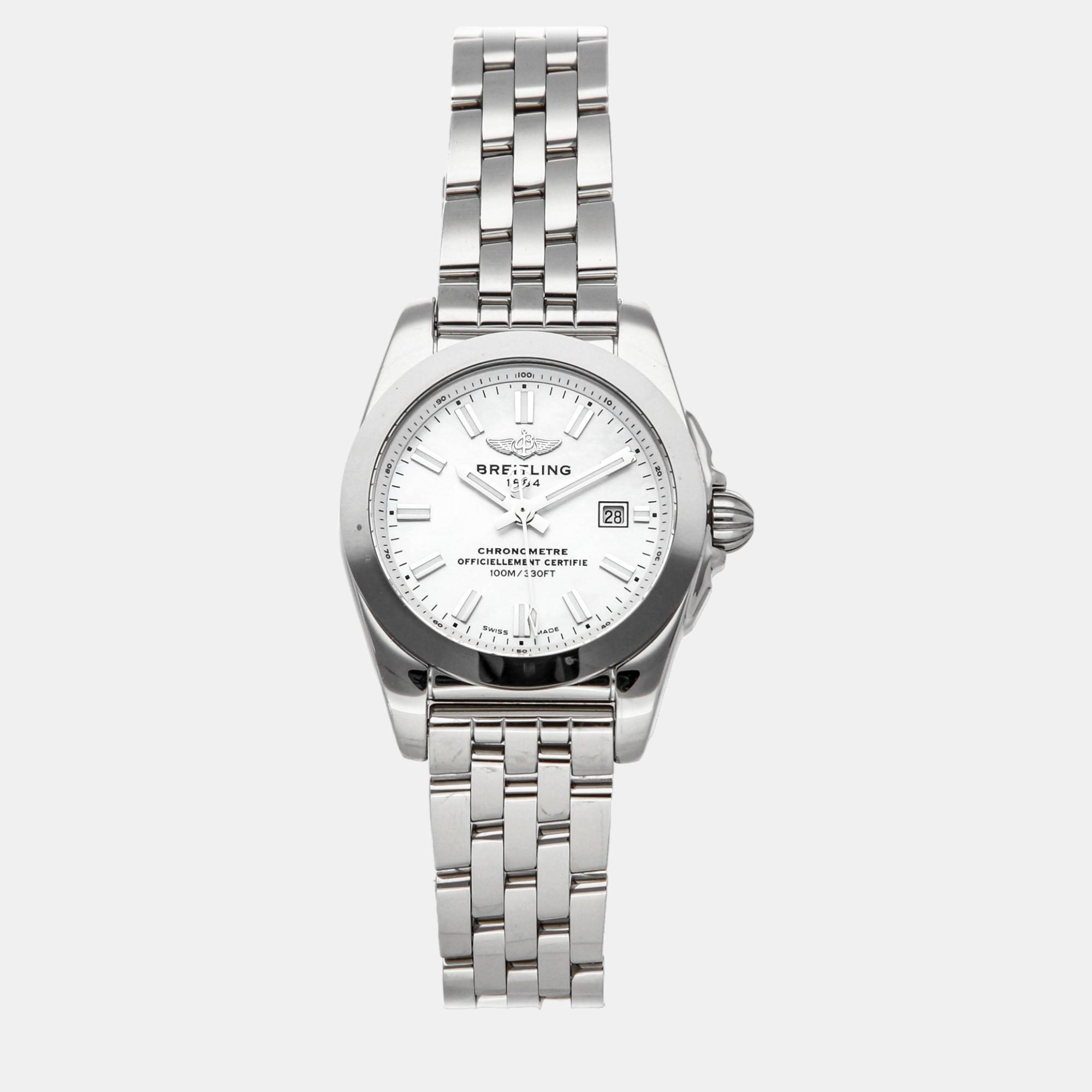 Breitling White Mother Of Pearl Stainless Steel Galactic W72348121A1A1 Quartz Women's Wristwatch 29 Mm