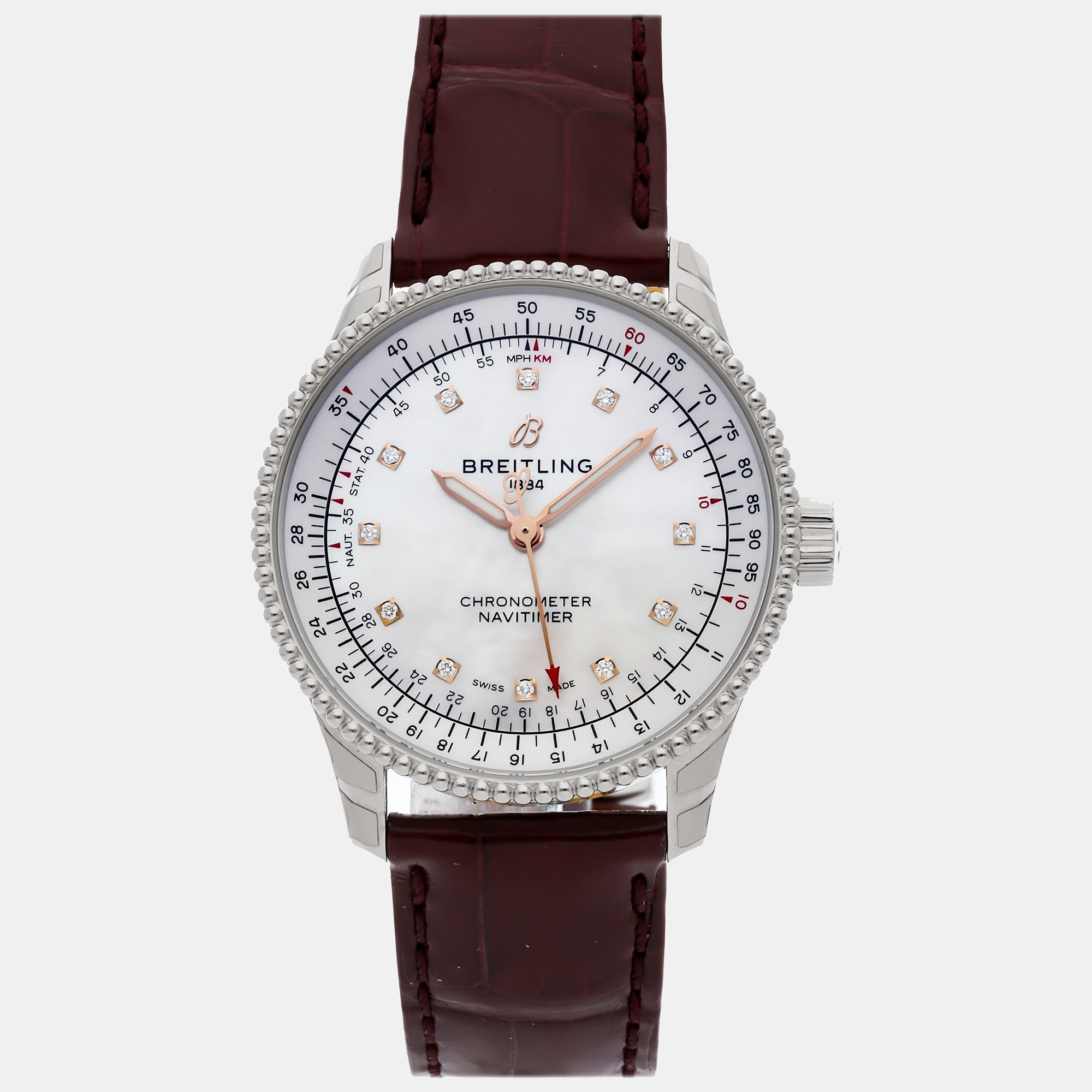 Breitling white shell navitimer a17395211a1p2 automatic women's wristwatch 35 mm