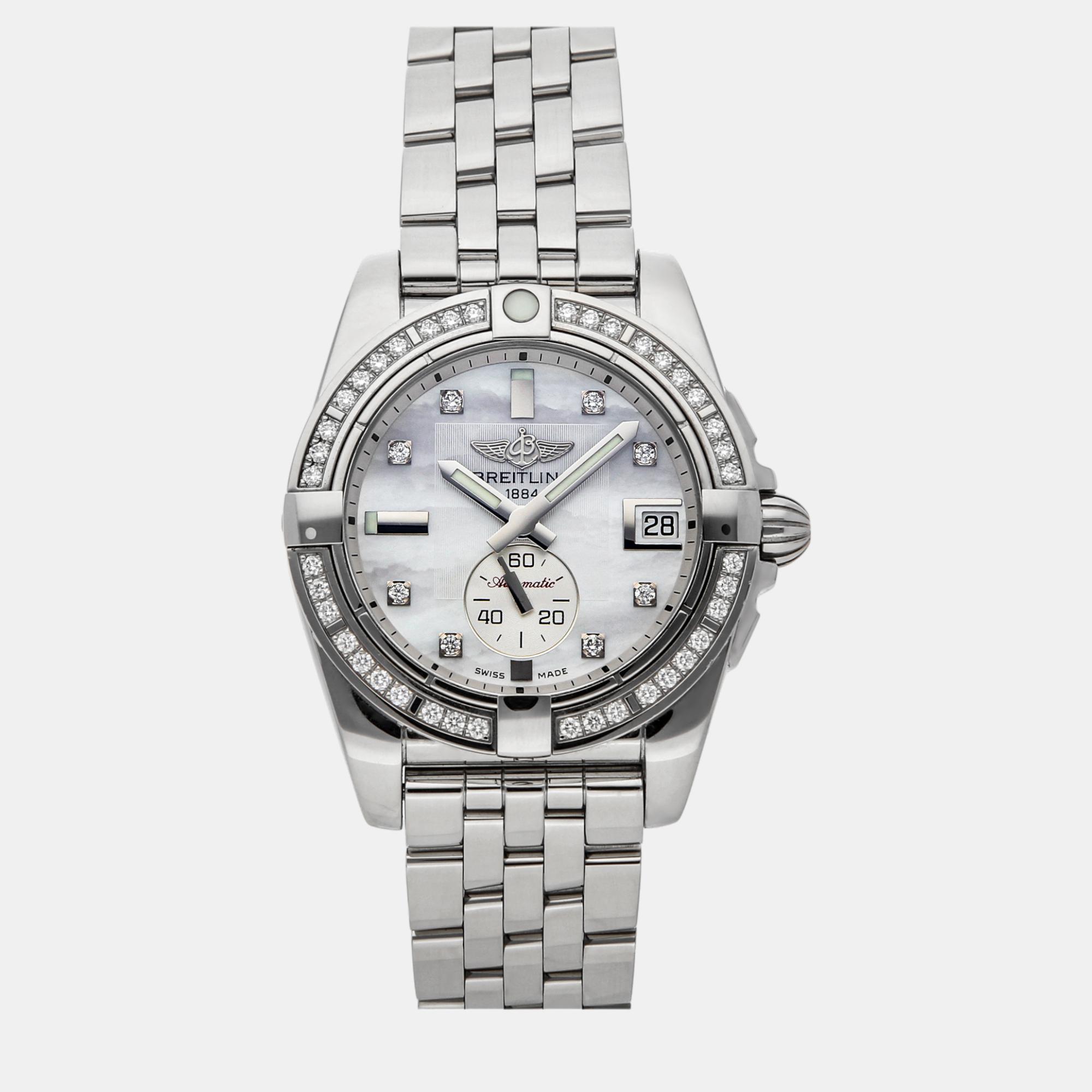 Breitling white shell stainless steel galactic a3733053/a717 automatic women's wristwatch 36 mm