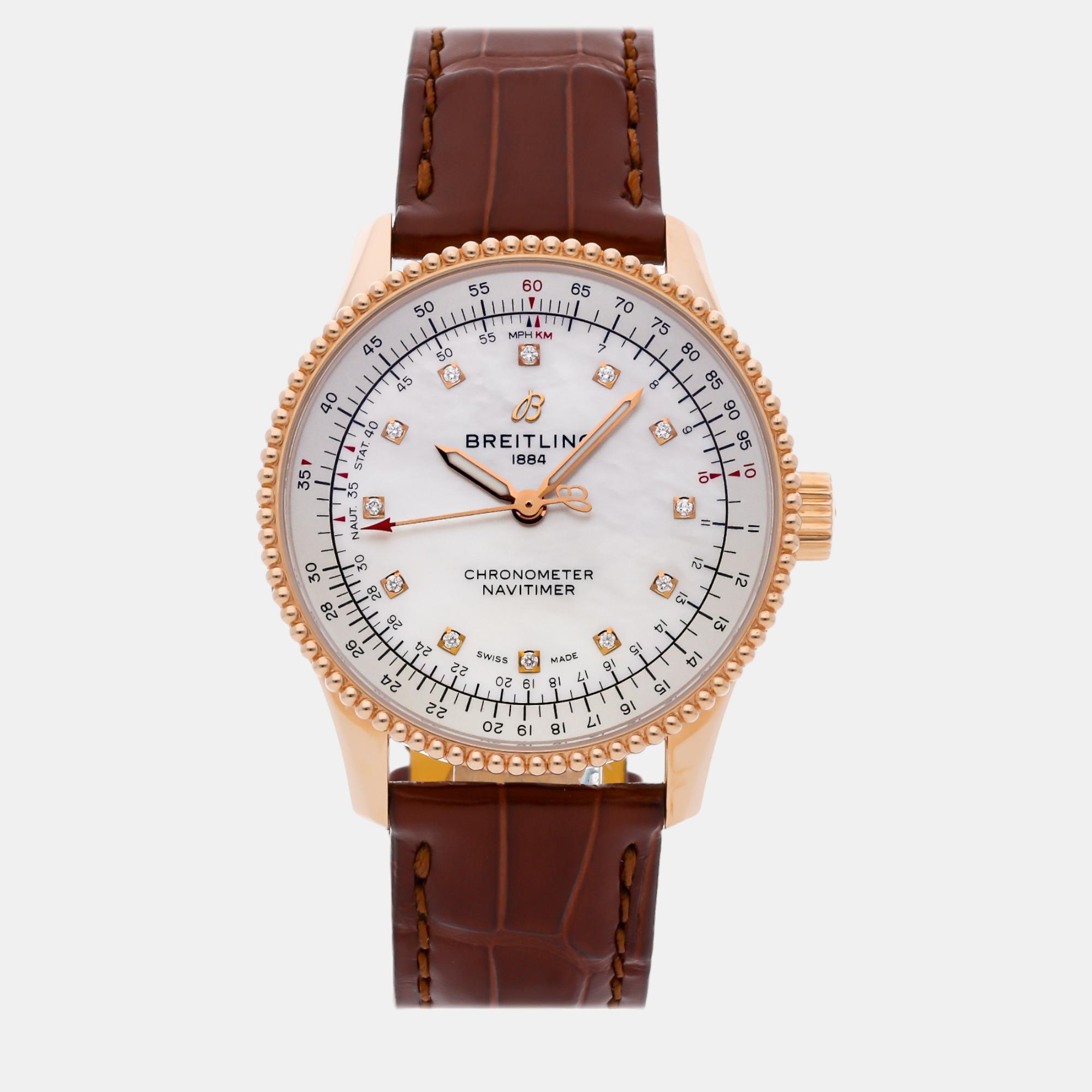 Breitling white shell 18k rose gold navitimer automatic women's wristwatch 35 mm