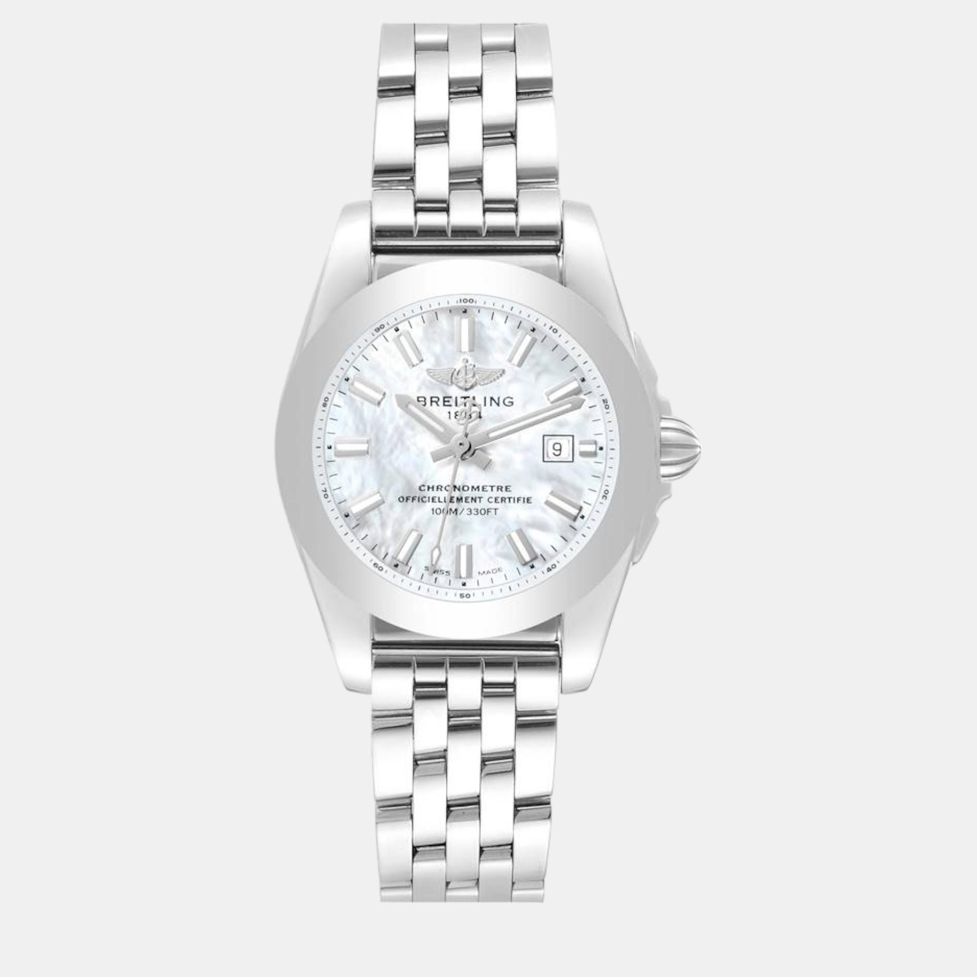 Breitling mother of pearl stainless steel galactic quartz women's wristwatch 29 mm