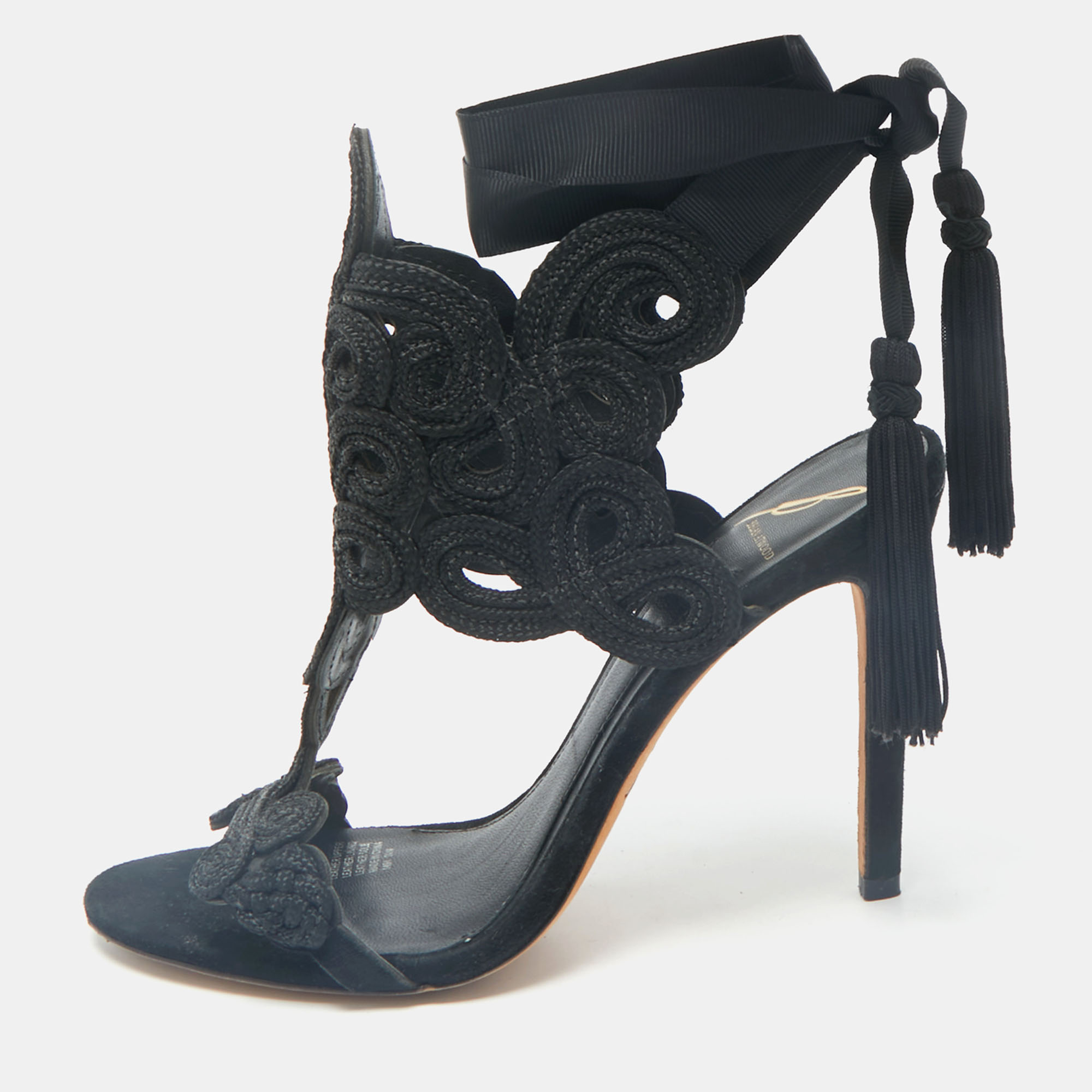 Brian Atwood Black Embroidered Suede Ankle Wrap Sandals Size 37
Brian Atwood Black Embroidered Suede Ankle Wrap Sandals Size 37