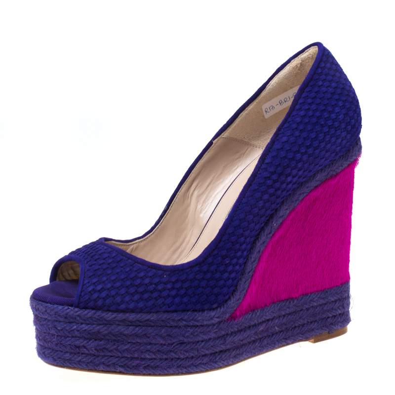Image of Brian Atwood Purple/Pink Textured Suede and Caflhair Peep Toe Espadrilles Wedge Pumps Size