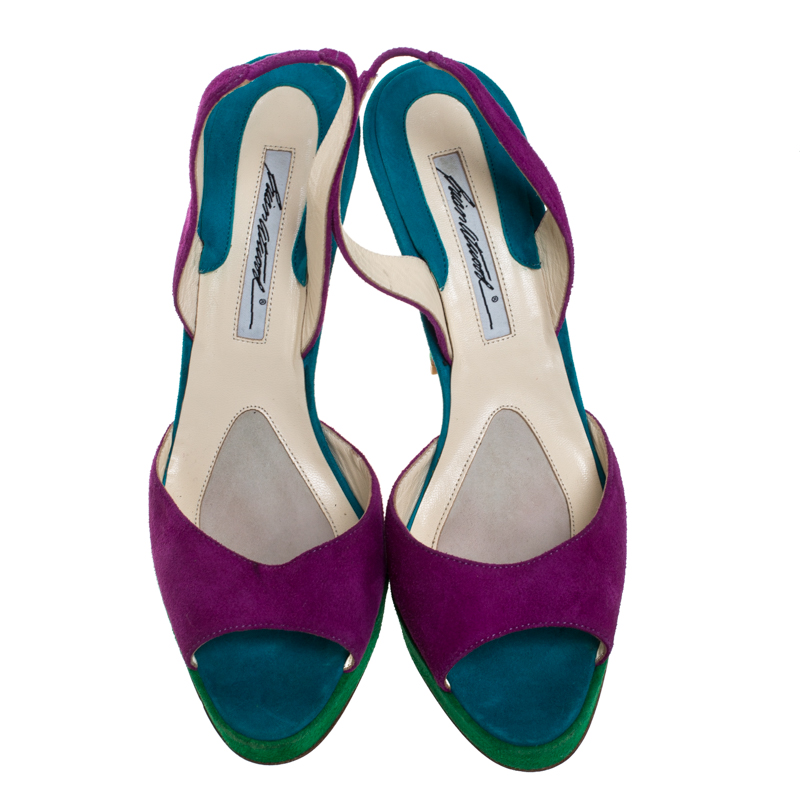 Brian Atwood Multicolor Suede Peep Toe Slingback Platform Sandals Size 39.5