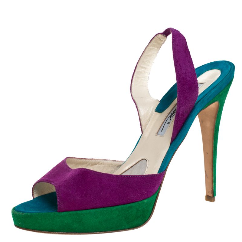 Brian Atwood Multicolor Suede Peep Toe Slingback Platform Sandals Size 39.5