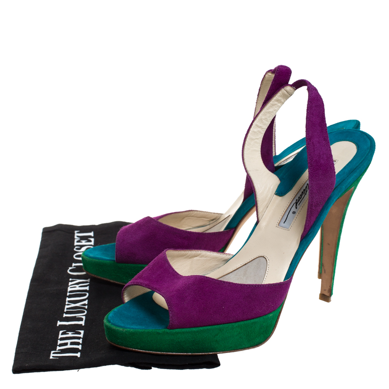Brian Atwood Multicolor Suede Peep Toe Slingback Platform Sandals Size 39.5
