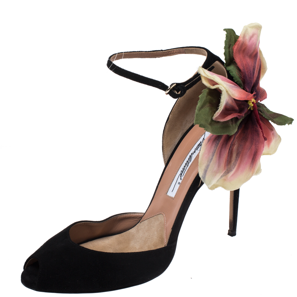 Image of Brian Atwood Black Suede Peep Toe Ankle Strap Oriana Sandals Size