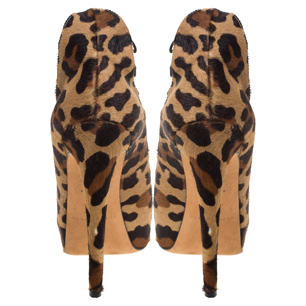 Brian Atwood Brown Leopard Print Calf Hair And Strappy Elastic 'Lola' Platform Pumps Size 38.5