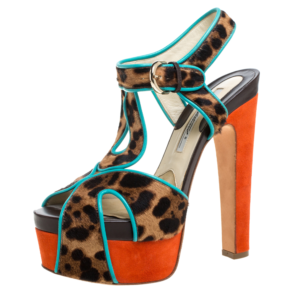 Image of Brian Atwood Multicolor Animal Print Calf Hair, Suede and Leather Trim Platform Sandals Size