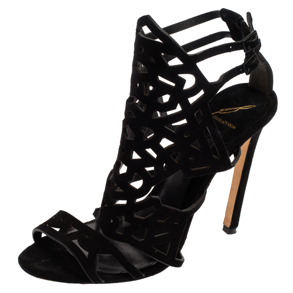 Image of Brian Atwood Black Suede Laplata Laser Cut Sandals Size