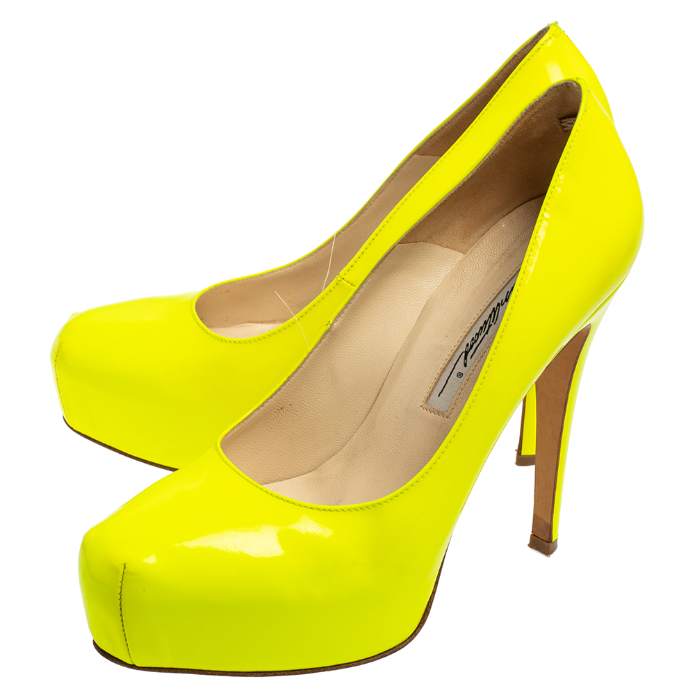 Brian Atwood Neon Green  Patent Leather Platform Pumps Size 36.5