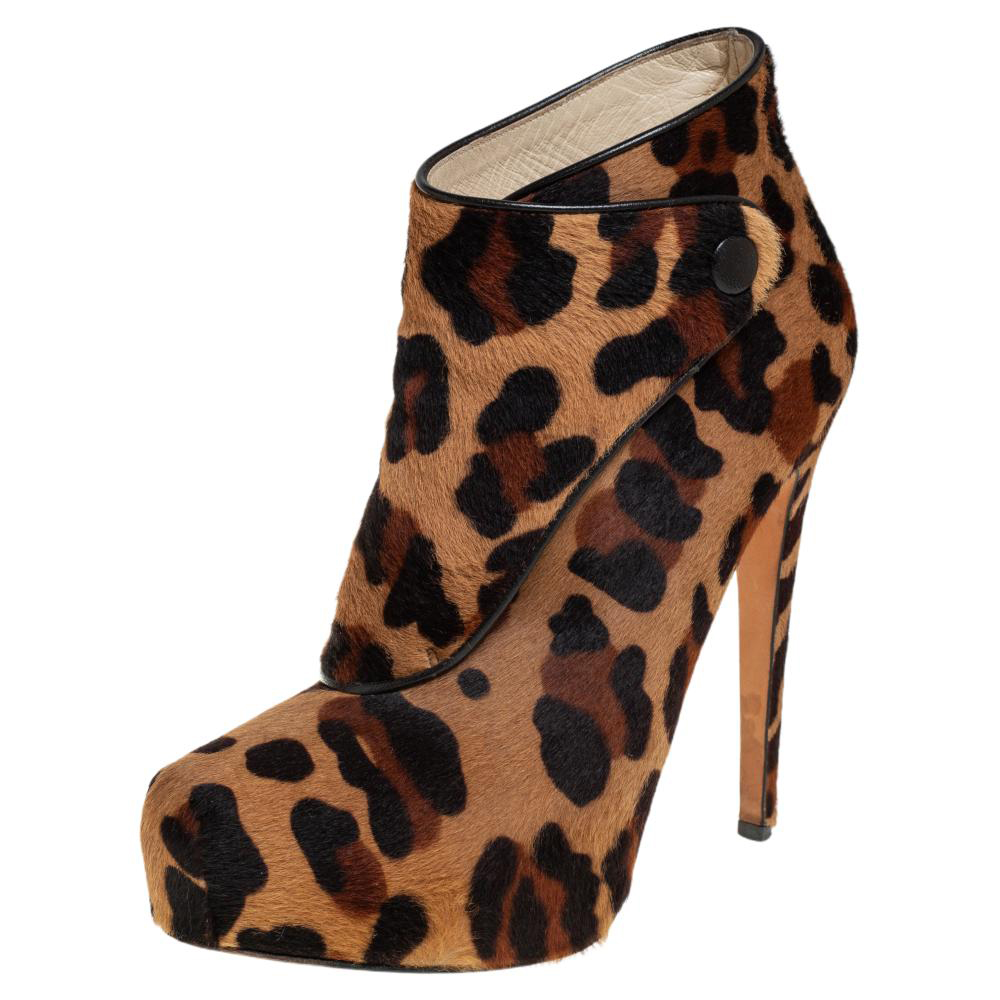 Brian Atwood Brown Leopard Print Pony Hair Booties Size 38.5