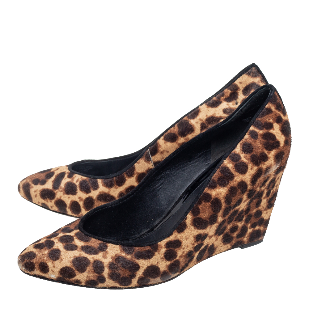 Brian Atwood Brown Leopard Print Pony Hair Wedge Pumps Size 39.5