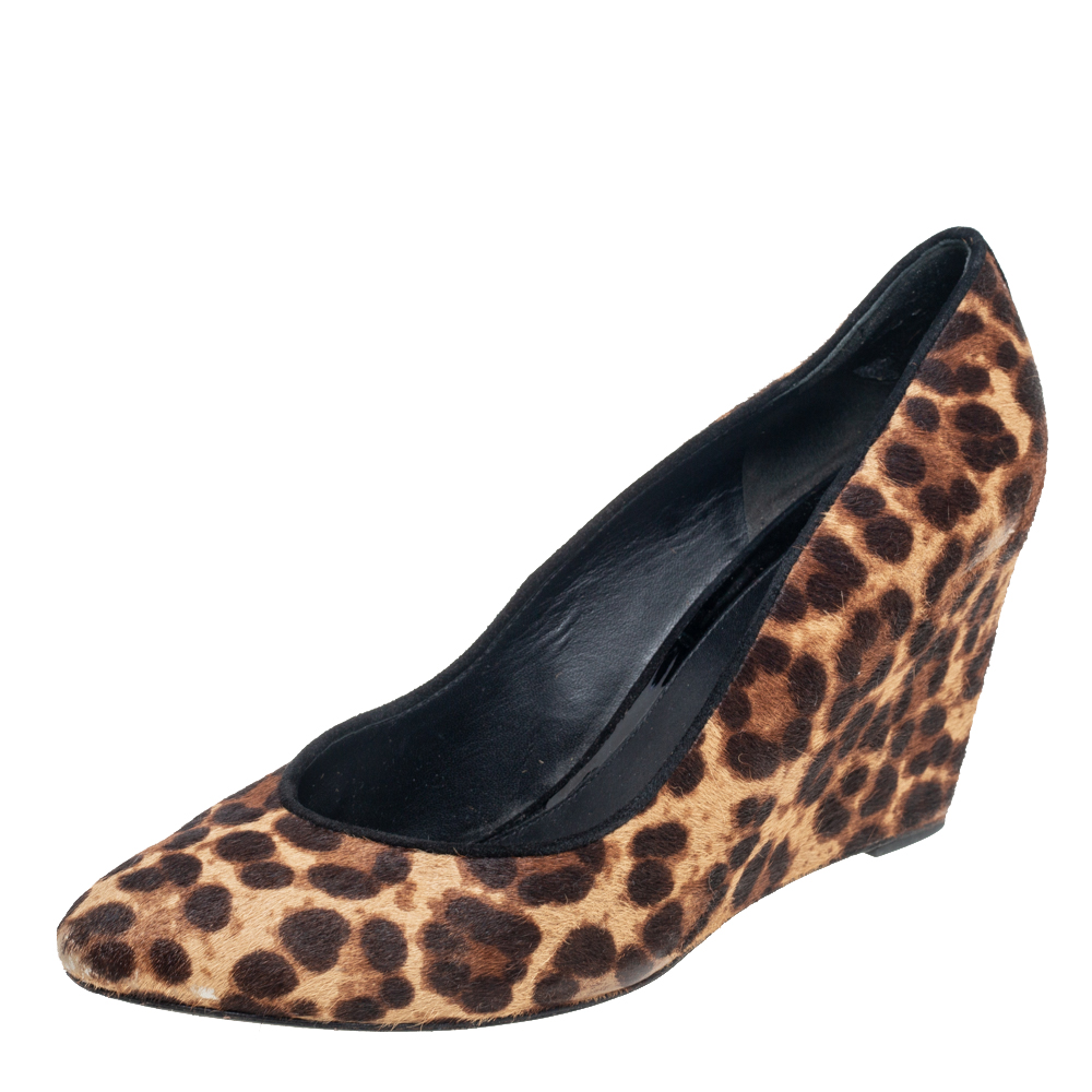 Brian atwood brown leopard print pony hair wedge pumps size 39.5