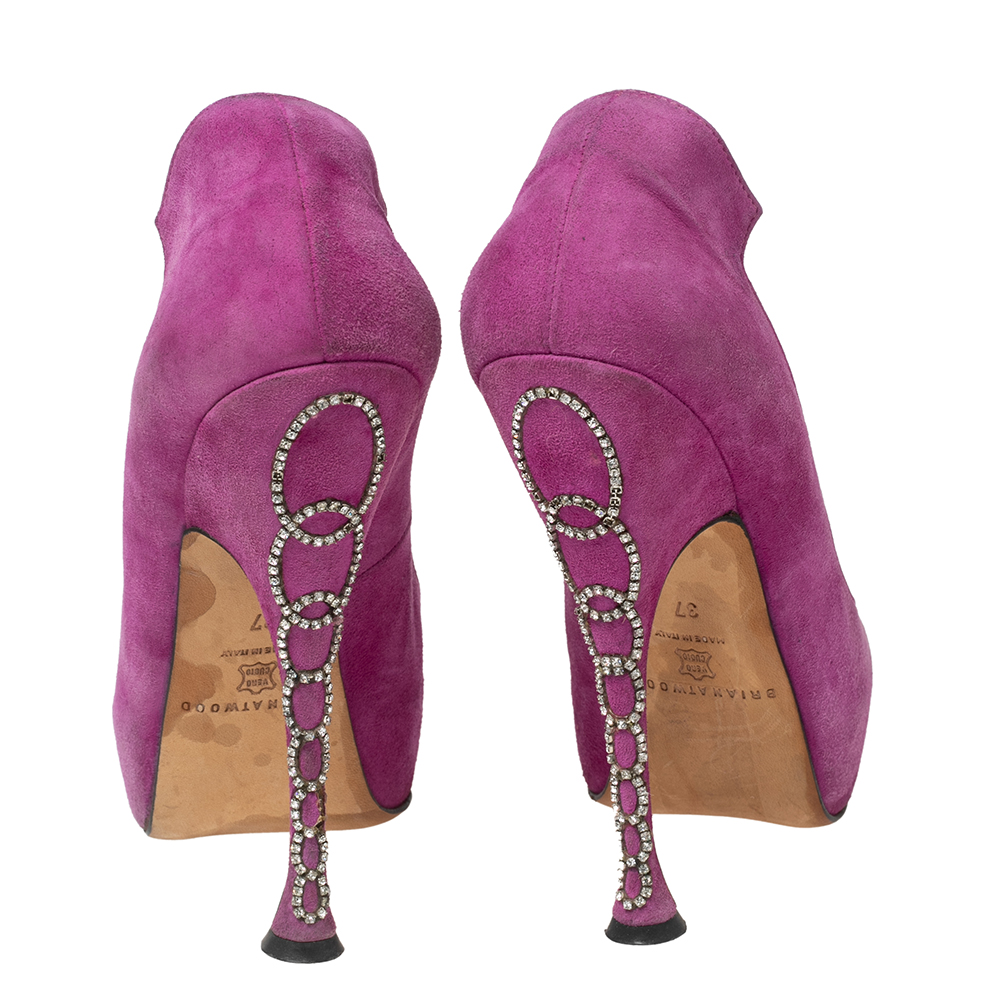 Brian Atwood Magenta Suede Embellished Chain Heel Peep-Toe Pumps Size 37