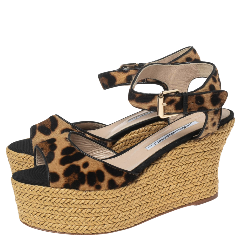 Brian Atwood Beige/Black Pony Hair Espadrille Wedge Sandals Size 39