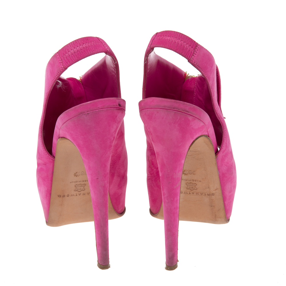 Brian Atwood Pink Nubuck Leather  Peep Toe Slingback Platform Sandals Size 38