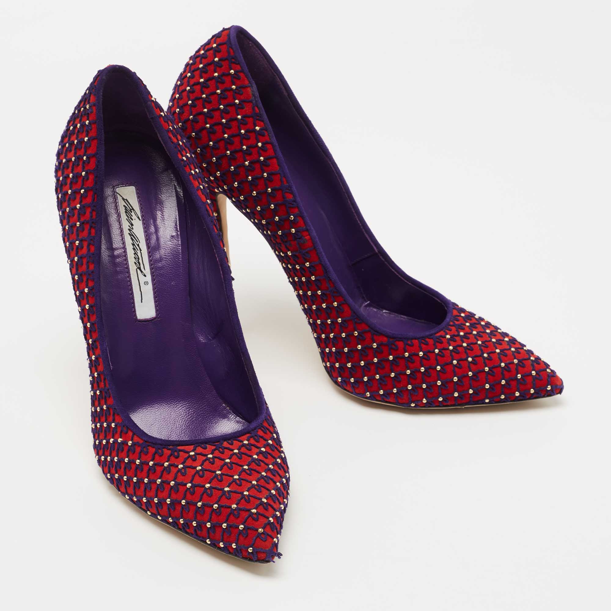 Brian Atwood Red/Blue Suede Embroidered And Studded Pumps Size 39