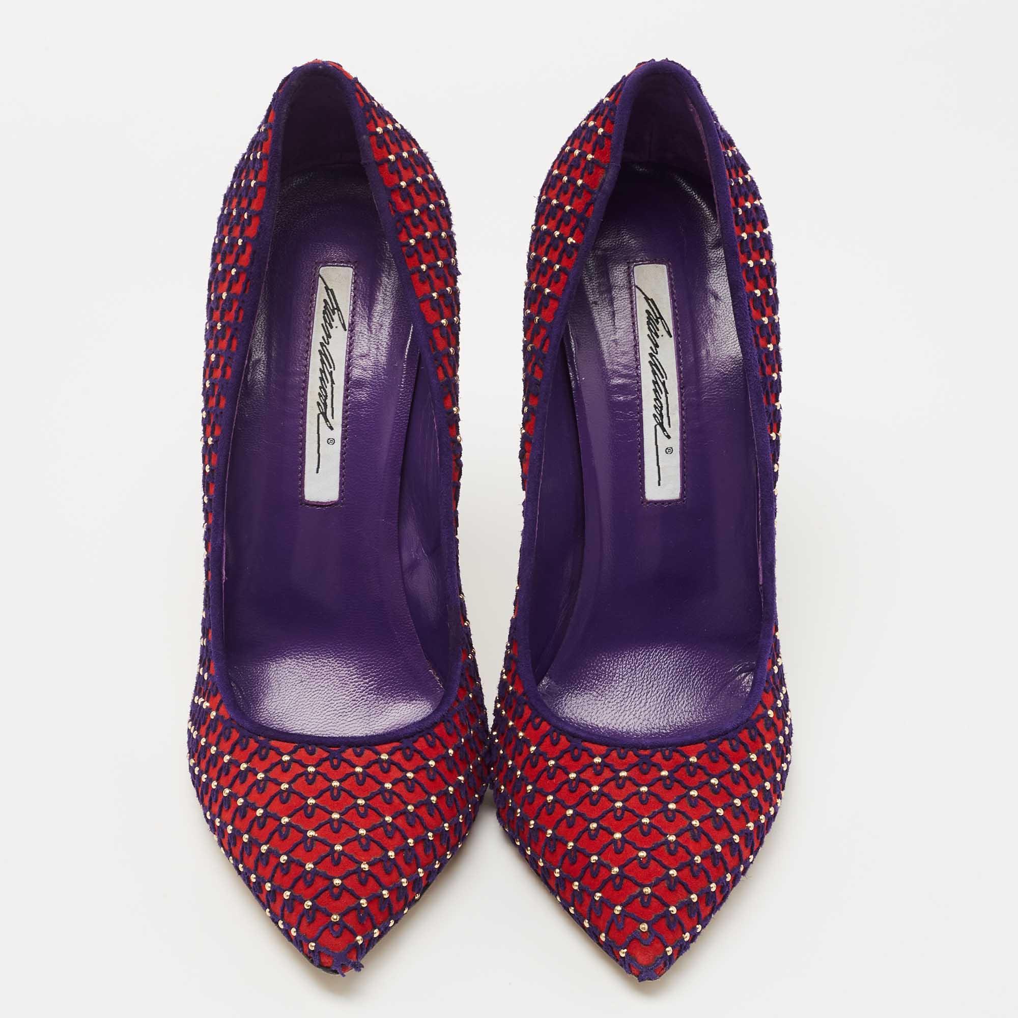 Brian Atwood Red/Blue Suede Embroidered And Studded Pumps Size 39