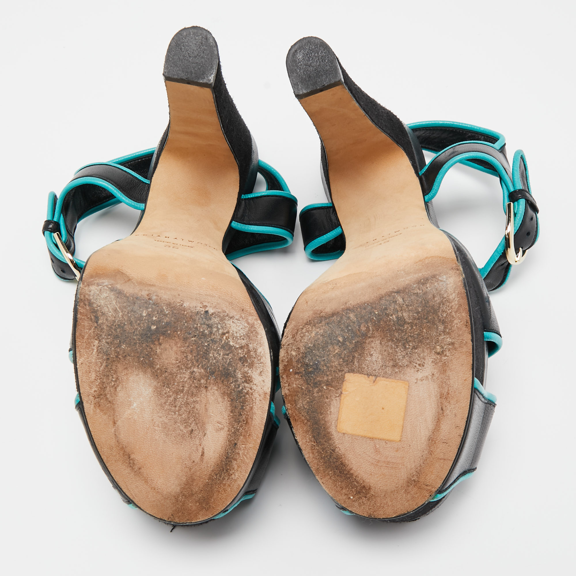 Brian Atwood Black/Blue Leather Platform Ankle Strap Sandals Size 38