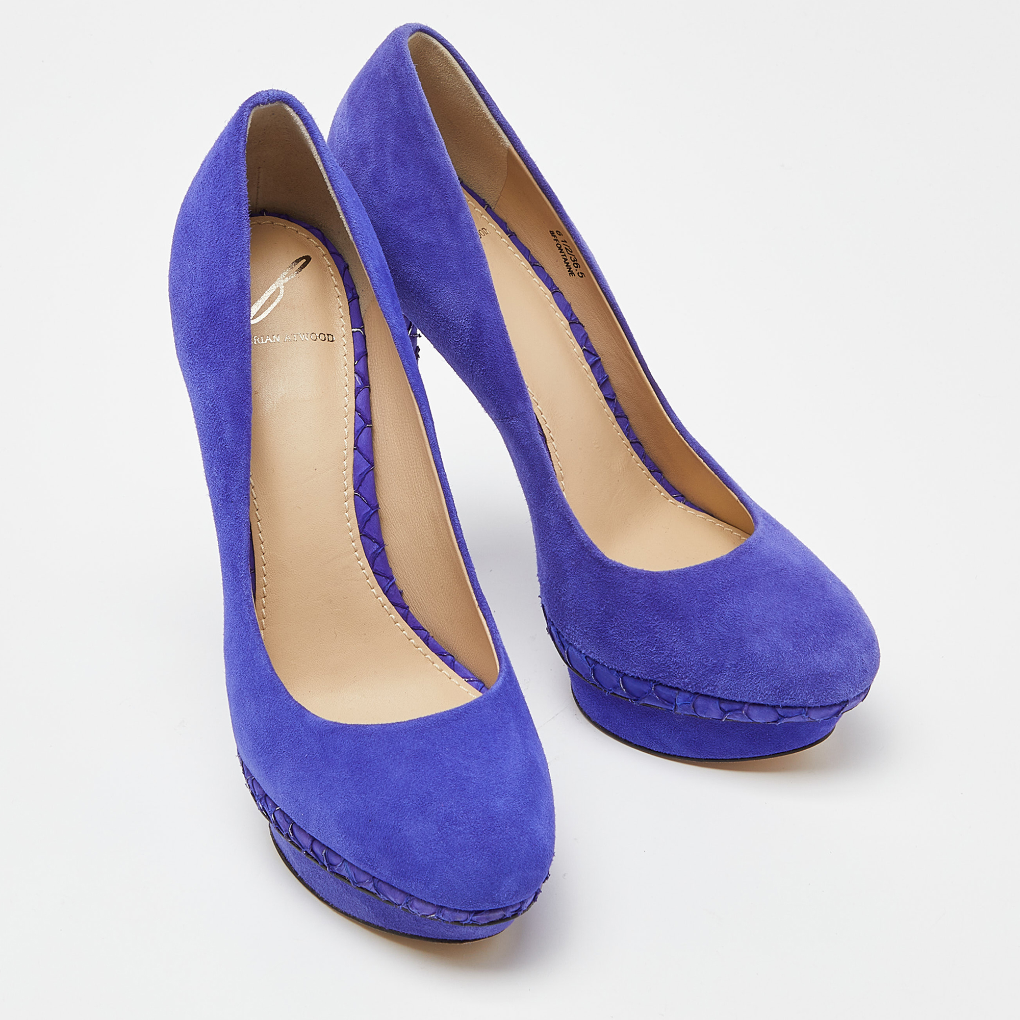 Brian Atwood Blue Suede And Snakeskin Embossed Leather Platform Pumps Size 37