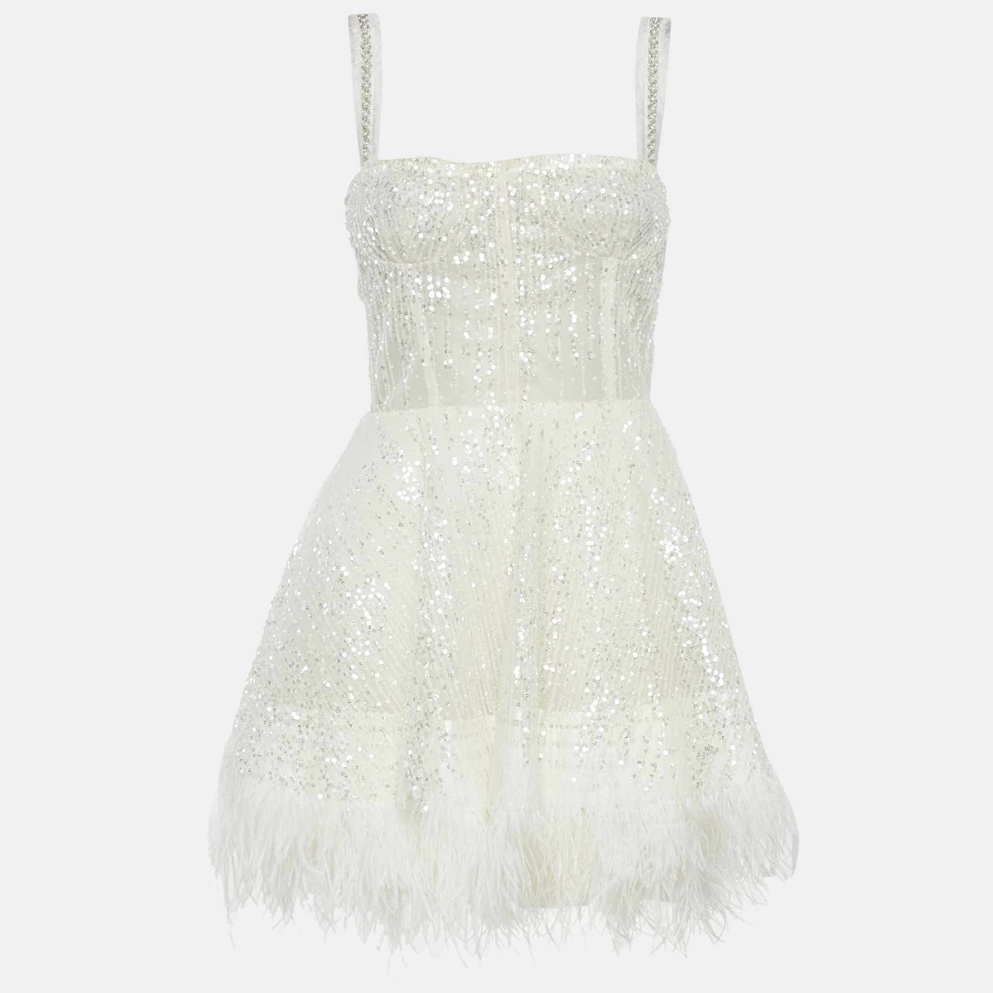 Bronx & Banco White Sequin Tulle Feather Trim Mademoiselle Bridal Mini Dress S
Bronx & Banco White Sequin Tulle Feather Trim Mademoiselle Bridal Mini Dress S