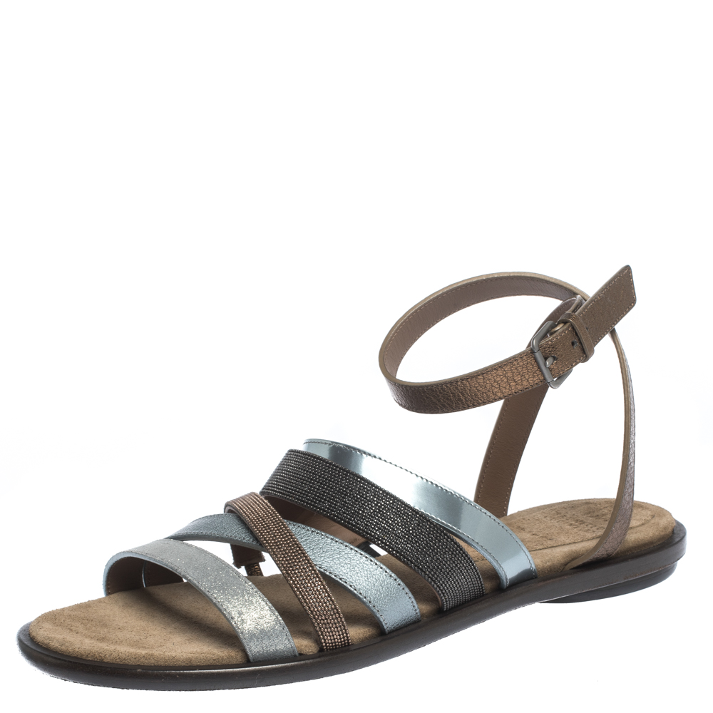 Image of Brunello Cucinelli Multicolor Leather And Beads Strappy Flat Sandals Size