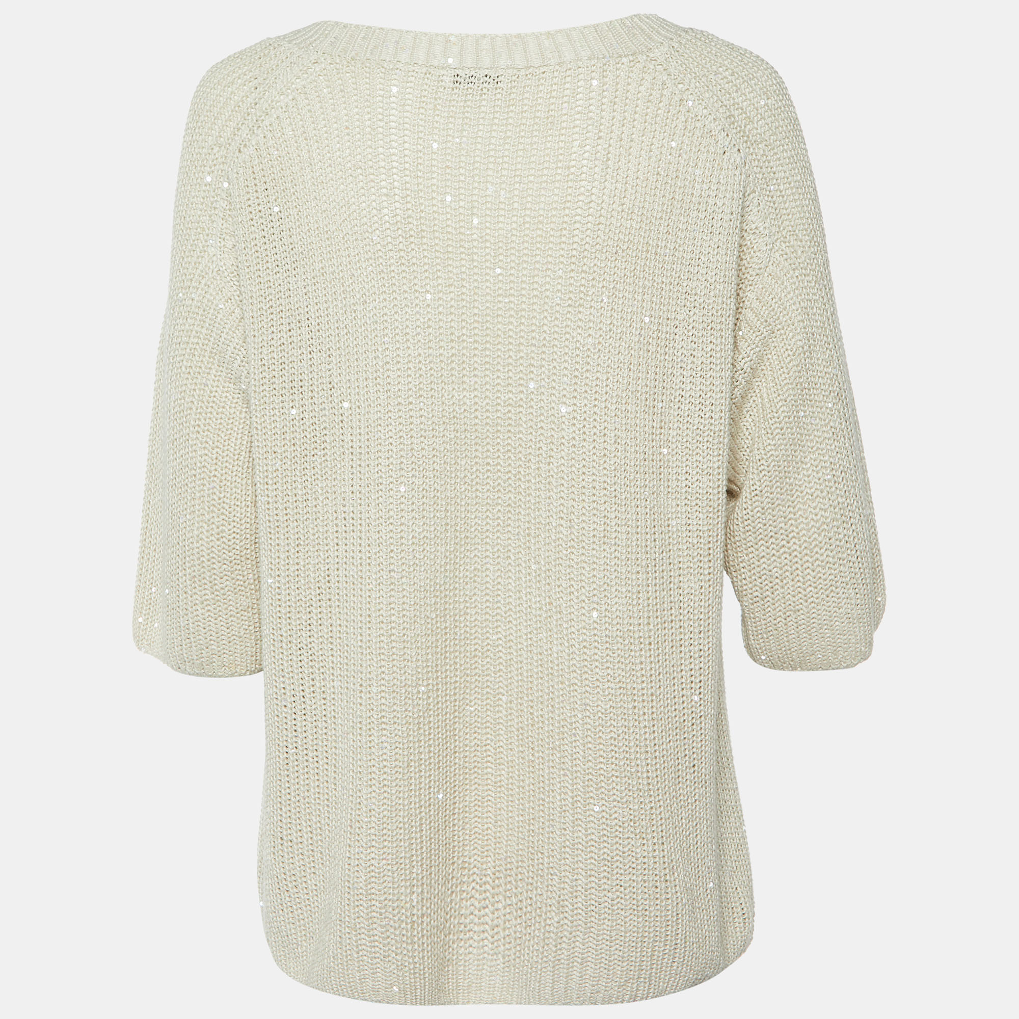 Brunello Cucinelli Beige Sequin Rib Knit V-Neck Sheer Sweater L