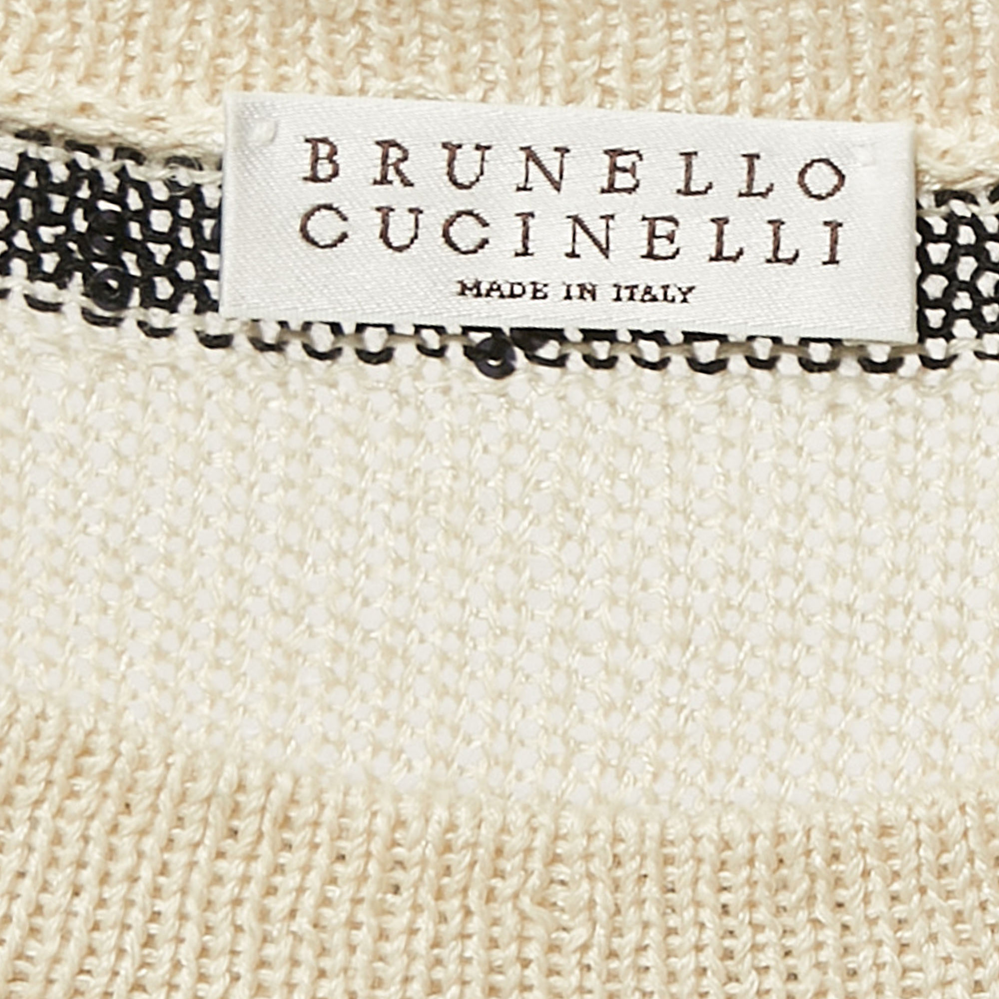 Brunello Cucinelli Cream/Black Stripe Boucle Knit Sequin Detail Short Sleeve Sweater M