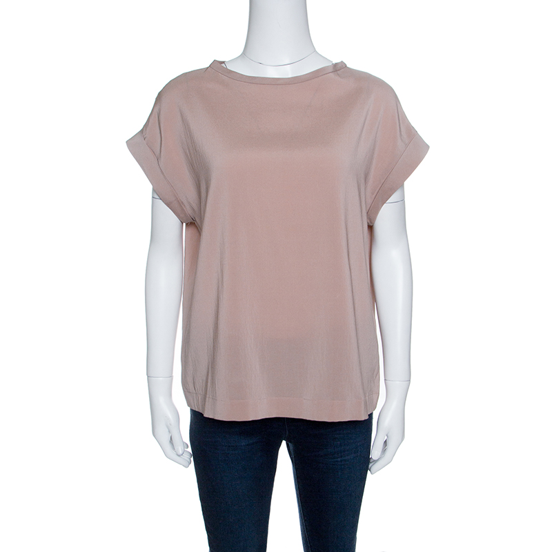 Image of Brunello Cucinelli Pale Pink Silk Short Sleeve Top S