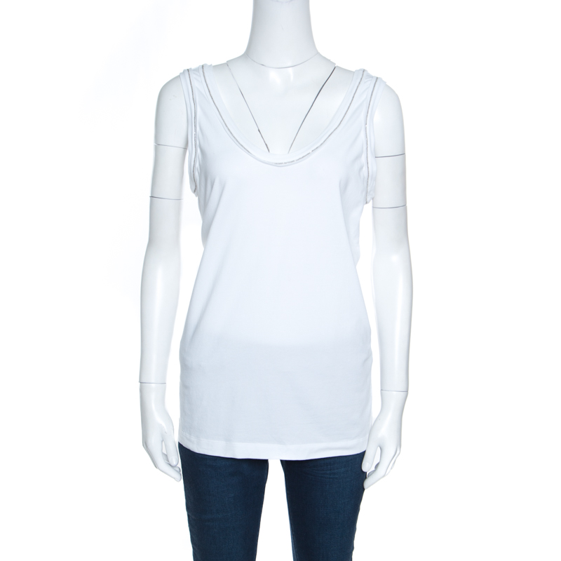 Image of Brunello Cucinelli White Cotton Monili Trim Tank Top XXL