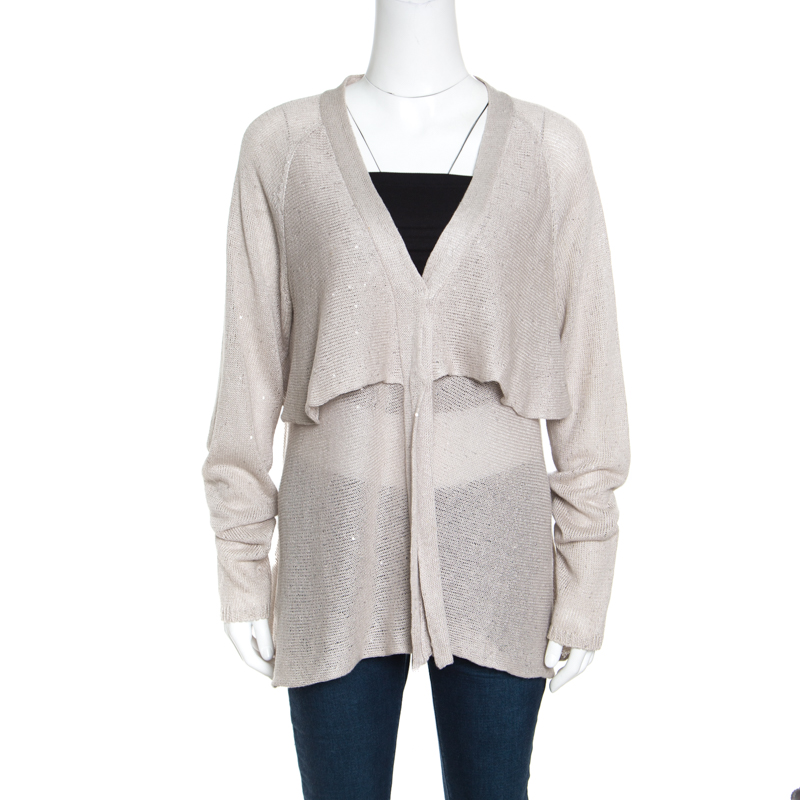 Image of Brunello Cucinelli Beige Sequined Knit Layered Long Sleeve Cardigan XXL