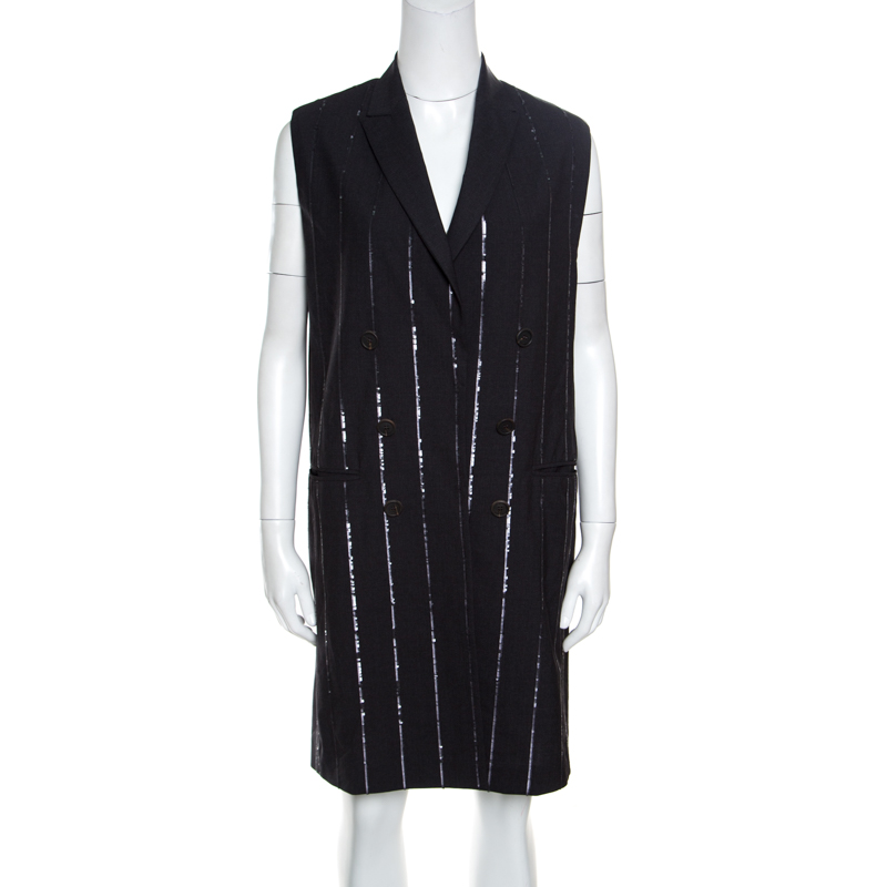 Image of Brunello Cucinelli Grey Wool Sequin Striped Sleeveless Blazer Dress M
