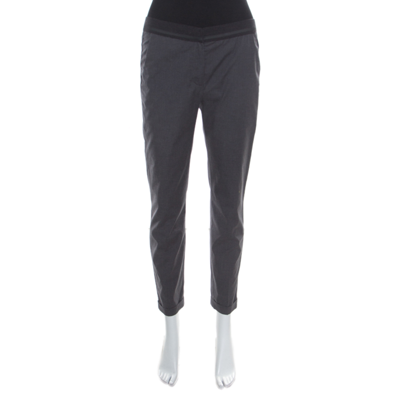 Image of Brunello Cucinelli Dark Grey Cotton Ribbed Waist Trim Cuffed Hem Pants M