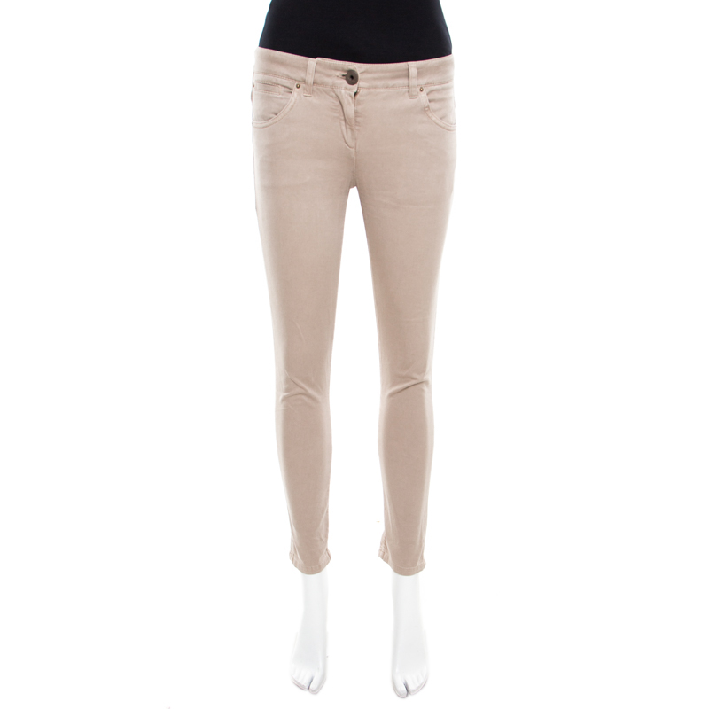 Image of Brunello Cucinelli Beige Stretch Cotton Twill Skinny Ankle Length Trousers S