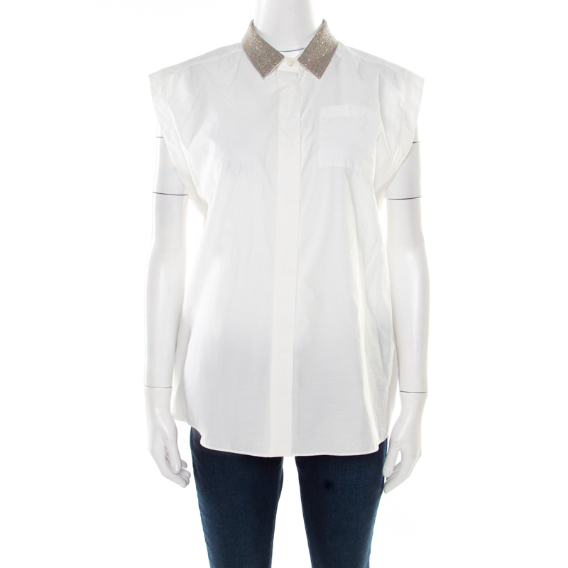 Image of Brunello Cucinelli Off White Monili Collar Detail Sleeveless Shirt XL