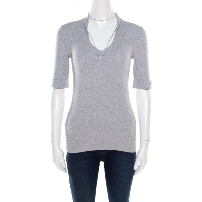 Image of Brunello Cucinelli Grey Ribbed Cotton Sparkle Bead Embellished Top L
