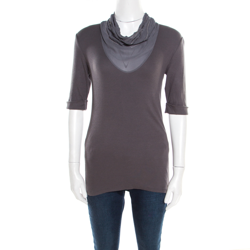 Image of Brunello Cucinelli Dark Grey Cotton Rib Knit Monili Trim Cowl Neck Top XL