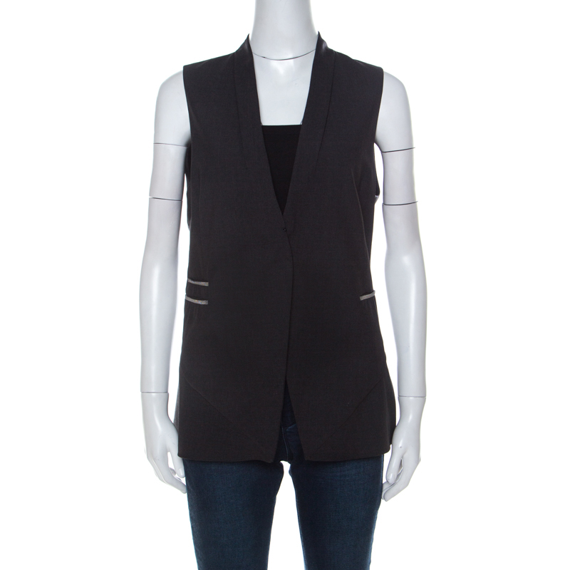Image of Brunello Cucinelli Charcoal Grey Wool Blend Monili Bead Detail Vest M