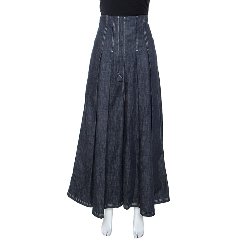 Image of Brunello Cucinelli Blue Denim Pleated Wide Leg High Waisted Trousers M