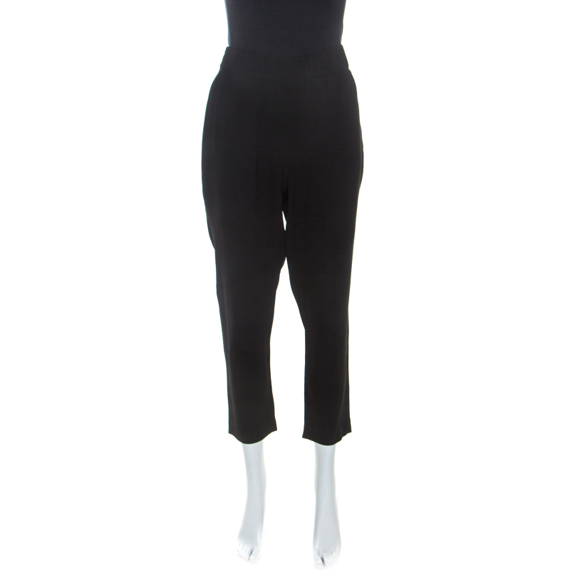 Image of Brunello Cucinelli Black Crepe Elasticized Waist Detail Trousers L