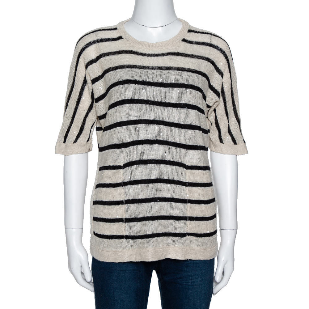 Image of Brunello Cucinelli Beige Sequined Linen & Silk Knit Jumper M