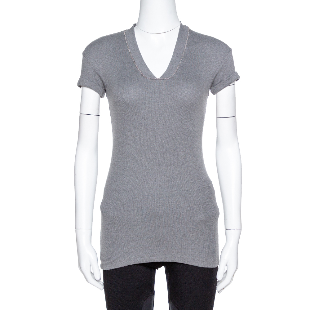 Image of Brunello Cuccinelli Grey Rib Knit Beaded Neck Fitted Top S