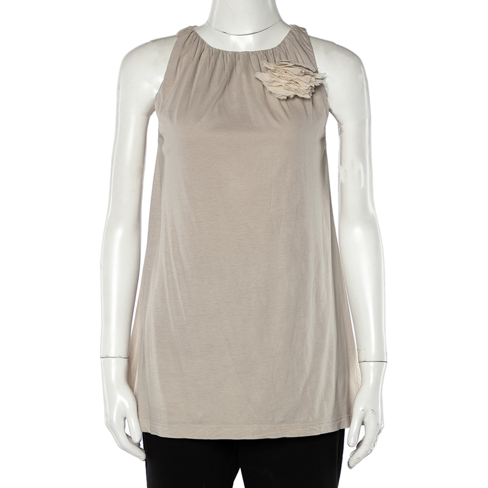 Brunello Cucinelli Beige Cotton Knit Applique Detail Sleeveless Tunic M