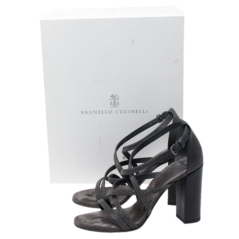 Brunello Cucinelli Metallic Grey Bead And Leather Strappy Sandals Size 36