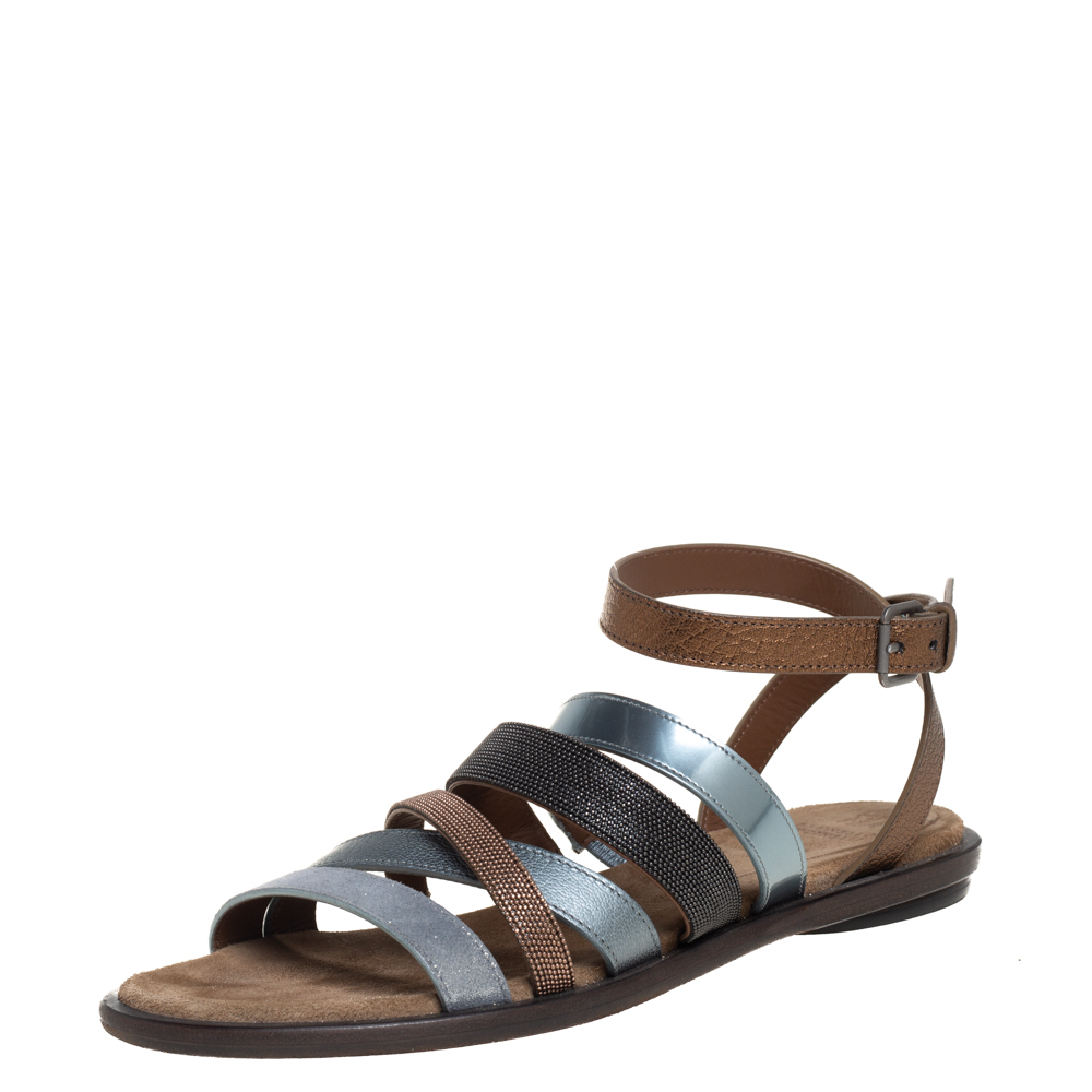 Brunello Cucinelli Multicolor Leather Embellished Flat Sandals Size 37