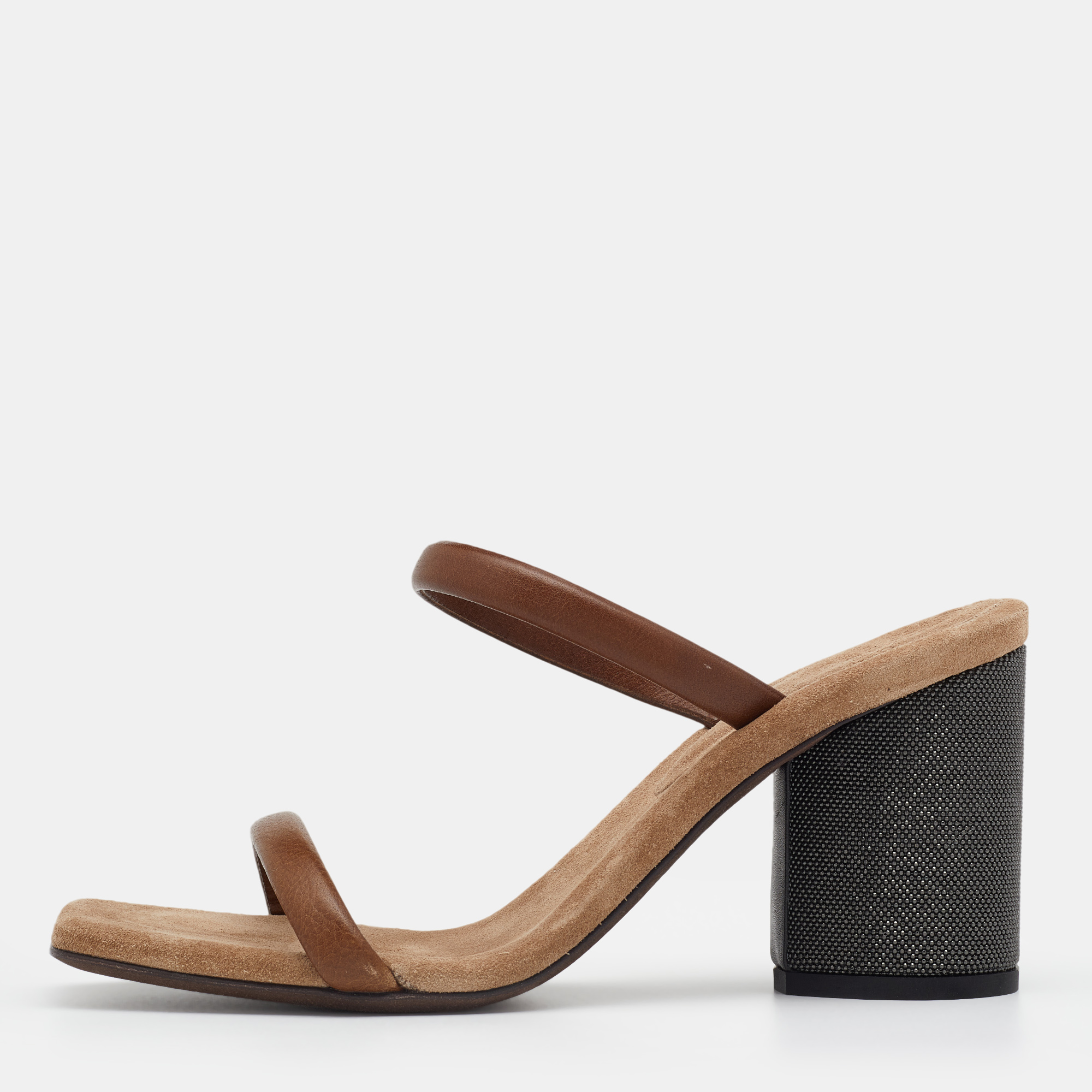 Brunello Cucinelli Brown Leather Beaded Block Heel Slide Sandals Size 37